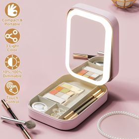 1Pc Portable Travel Makeup Bag With LED Mirror Rechargeable Beauty Mirror With 3 Color Light Dimmable Brightness Waterproof Cosmetic Bag With 4 C (Color: Pink)